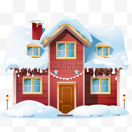 屋顶堆满雪的房子卡通元素图片