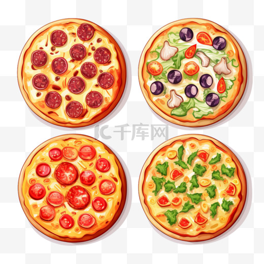 白色背景下分离的四个披萨的矢量彩色图标图片