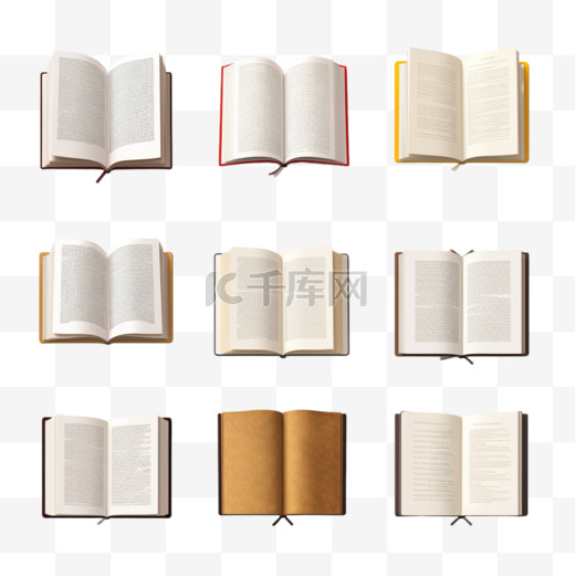 具有打开和闭合的书本的各种侧视图的逼真书本模型模板，其中包含空页矢量插图图片