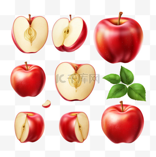 在空白背景矢量插图上使用完整和切片的苹果水果图像进行逼真的水果合成图片