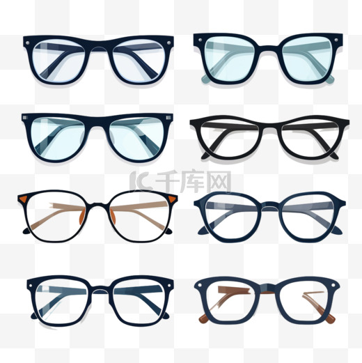 不同的眼镜设计矢量插图集。不同形状和风格的黑框眼镜：旧的、现代的、酷的、白色背景下孤立的潮人。医学，时尚概念图片
