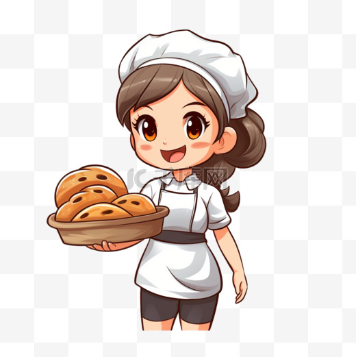 快乐可爱的女孩厨师制服拿着面包烹饪面包店食品标识卡通手绘卡通艺术插图图片
