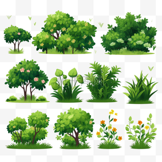 绿树带花卡通森林和公园带花灌木向量装饰树篱隔离集图片