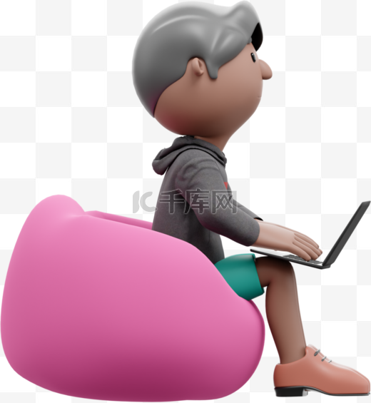 帅气自由办公中的男人以3D棕色懒人沙发形象沉浸在电脑游戏中图片
