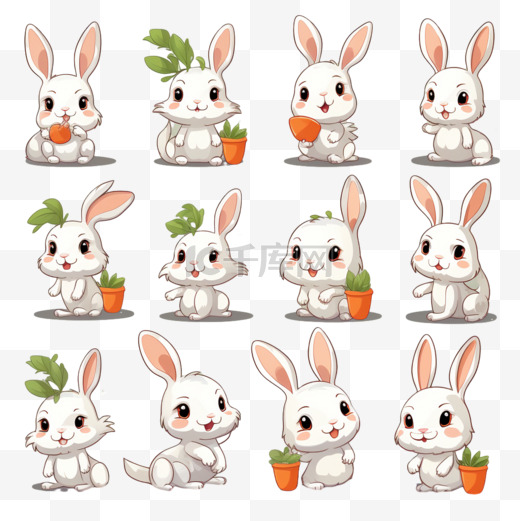 可爱的兔子与胡萝卜在不同的姿势卡通设置孤立在浅绿色背景矢量插图图片