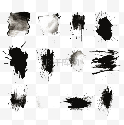 一组黑色墨水载体污渍。文本的黑色墨水绘制框架。水墨笔触。肮脏的文字艺术设计背景。图片