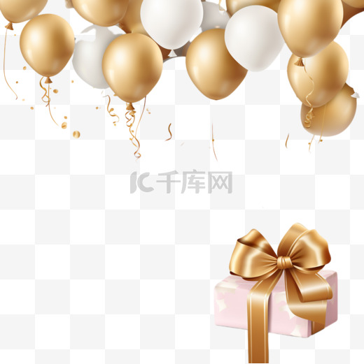 生日卡片上有奢华的气球和金丝带，3D风格，手绘风格，花卉背景。用于设计的矢量插图。图片