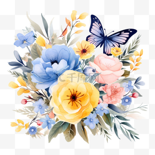 水彩花束插图以蝴蝶腮红、粉蓝、黄色、鲜花装饰元素为模板，白色背景上孤立的平面卡通插图图片