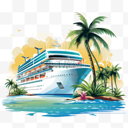 您好，夏季矢量背景插图，海滩和棕榈树上的海洋和邮轮背景。图片