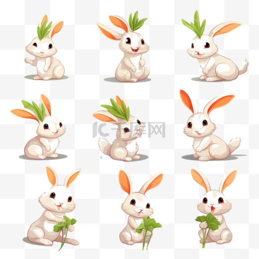 可爱的兔子与胡萝卜在不同的姿势卡通设置孤立在浅绿色背景矢量插图图片