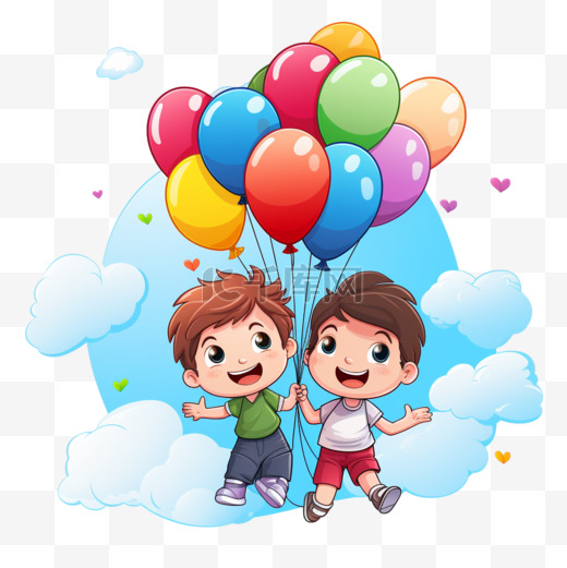 有男孩和女孩在气球和彩虹上的儿童节图片