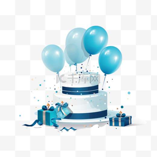 祝你生日快乐背景有气球、五彩纸屑、生日帽子和生日蛋糕，蓝白相间适合制作贺卡横幅、社交媒体海报等矢量插图图片