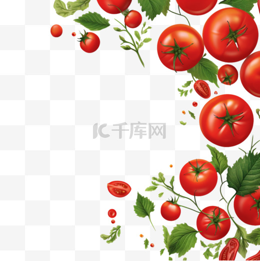 逼真的番茄框架背景，可编辑的文本被孤立的成熟蔬菜和绿色包围图片