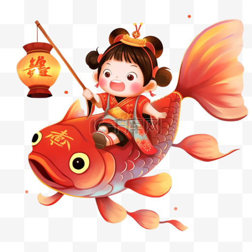 中国风卡通手绘春节小孩骑锦鲤图片