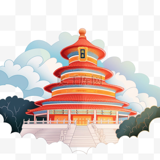 天坛水彩画建筑元素图片