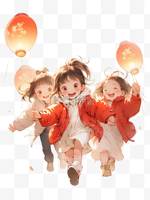 新年春节灯笼孩子手绘人物图片