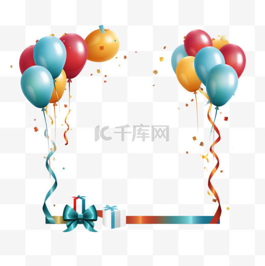 生日快乐祝贺横幅设计与五彩纸屑，气球和光泽的闪光丝带为党的节日背景。矢量图解3图片