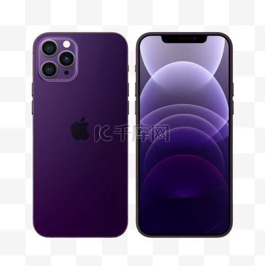 新款深紫色智能手机发布了iphone14pro正面和背面。带屏幕的智能手机模型图片