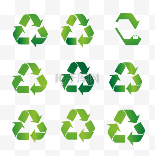 回收废品符号绿色箭头徽标设置Web图标集合图片