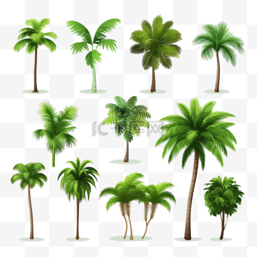 热带森林的植物逼真的一组椰子棕榈树，白色背景上孤立的绿叶向量插图图片