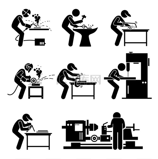 使用金属加工钢铁厂工具和设备金工车间焊接工作的焊工工人图片