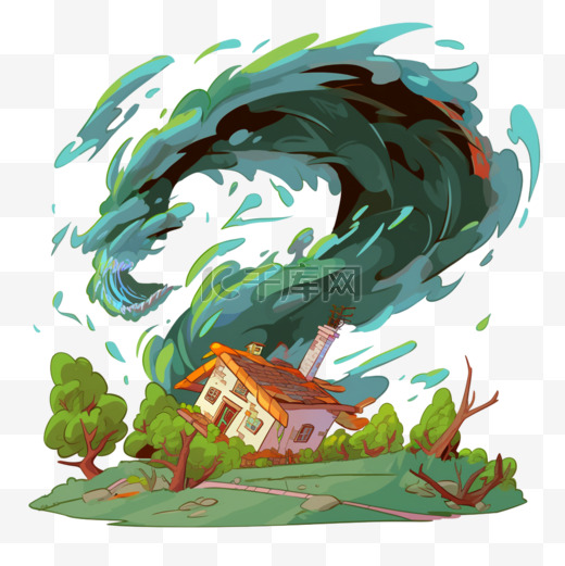 手绘台风刮倒的房屋元素图片