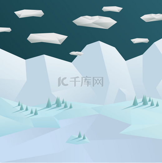 Low poly winter landscape background. 3d polygonal mountains and trees scene.图片