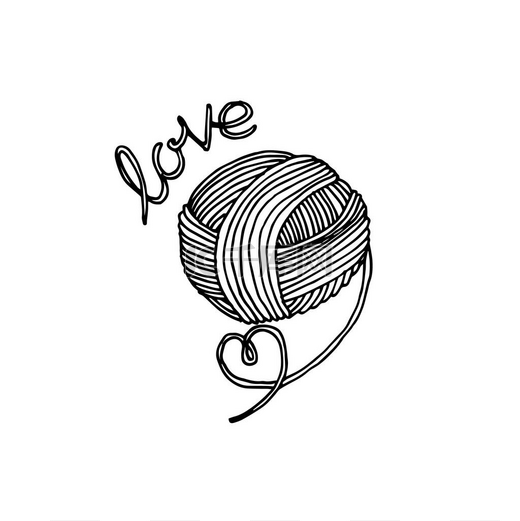 矢量插图在doodle风格。有爱心的可爱的纱球和题词的爱情。商标针织，手工制作，家庭作业。针织和钩针用的一串羊毛线。在白色上隔离图片