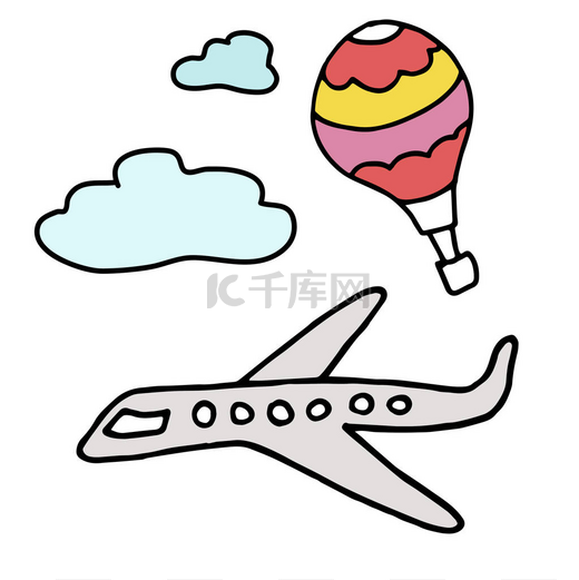 手绘彩色涂鸦。灰色的飞机在天空中和彩色的气球与云。旅行和度假的概念。在白色背景上孤立的向量图图片