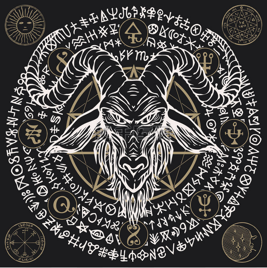 带有角山羊头、五芒星、神秘学和巫术符号的病媒图解。撒旦的象征巴霍米特和魔法符咒在黑色背景上围成一个圆圈图片