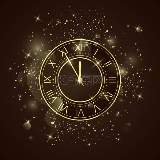 金色钟表刻有罗马数字。 离假期倒计时还有5分钟 新年的夜晚闪烁着灿烂的光芒。 B.病媒图片