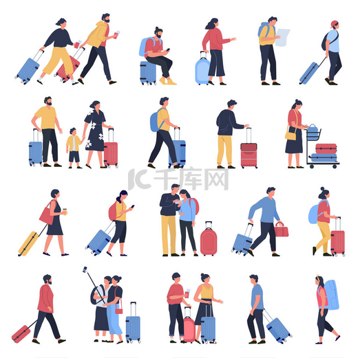 旅客们在机场。 商务游客、携带行李在机场候机楼等候的人、走路的人物形象和对登机媒介图片说明图片
