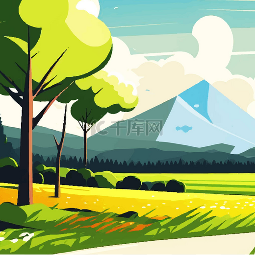 夏景卡通画的设计背景与树和山.矢量说明.图片