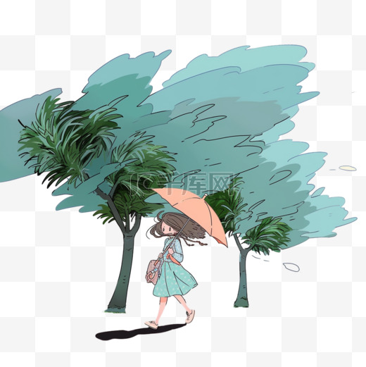 打伞的女孩台风狂风中手绘元素图片