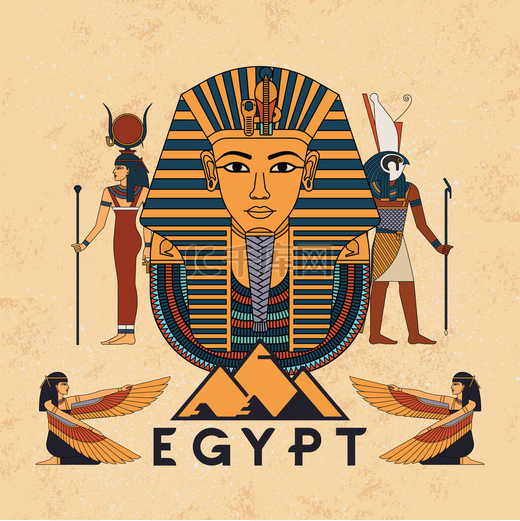 古埃及有翅膀的太阳、阿努比和荷鲁斯神、法老图坦卡蒙的矢量符号，以及埃及信仰甲虫Scarab的符号.图片