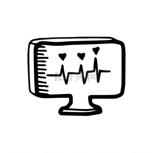 Check heart beating with ECG.Heart rate monitor in hand drawn doodle style isolated on white background.Medical electronics. Vector stock outline illustration. Single. Sign element. Medical equipment.图片