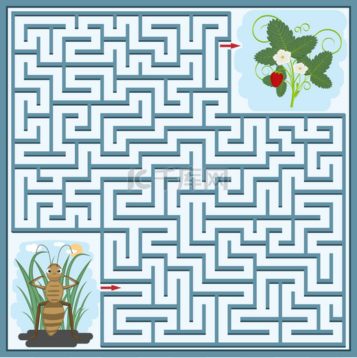 迷宫中的蚂蚁和草莓布什的形象，你需要找到正确的方式通过迷宫，发展和训练，娱乐，儿童图书的设计图片