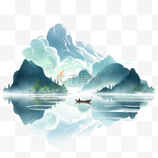 水墨画山水彩色云雾手绘元素图片