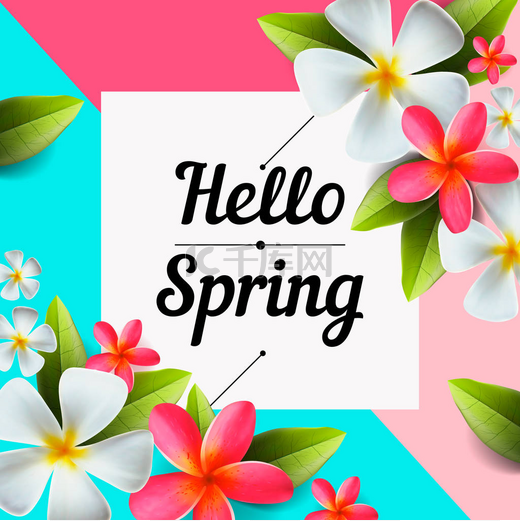 Hello spring text banner, greetings design with colorful flower elements in colorful background for spring season, vector.图片