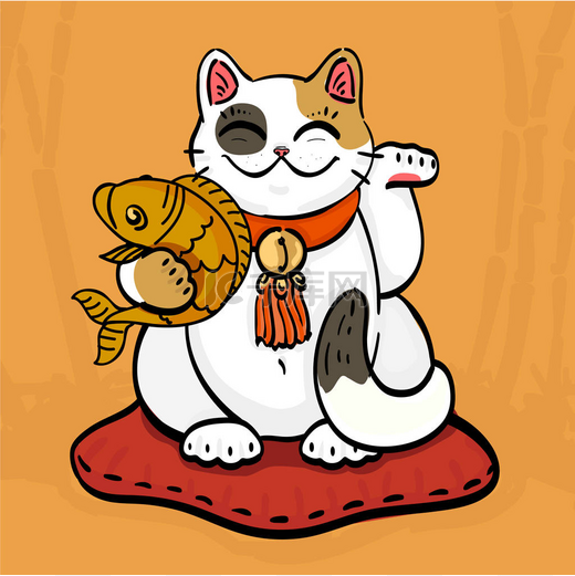 马内基·尼科护身符猫的插图用直立的爪子举起金鱼和金鱼来召唤财富。那只猫坐在竹林的枕头上。可用作墙纸或打印设计.图片