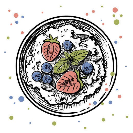 向量手绘的黑白相间的粥素描，带有浆果和坚果。菜谱、早餐及健康膳食.图片