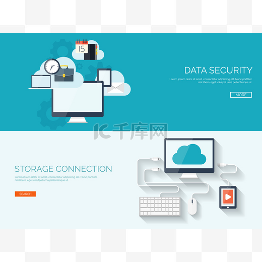 Vector illustration. Flat cloud computing background. Data storage network technology. Multimedia content and web sites hosting. Memory, information transfer.图片