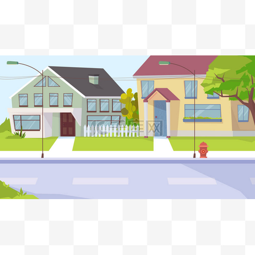 乡村街景,横幅在平面卡通设计中.村景，房子，人行道，灯笼。郊区基础设施和房地产概念。网络背景的矢量说明图片