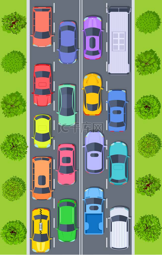 交通堵塞公路路上的顶视图卡车和汽车卡在交通中。城市交通管理向量概念图片