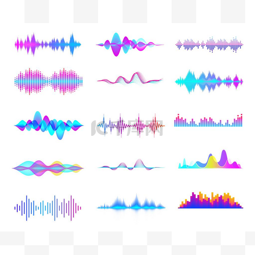 五彩缤纷的声波。 音频信号波、彩色梯度音乐波形和数字演播室均衡器矢量集. 摘要音频线路偏移集合. 多种颜色的声波，音乐节奏图片