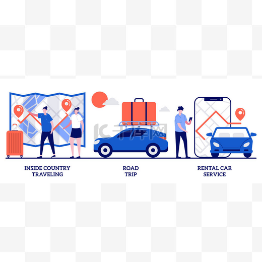 Inside country travel, road trip, rental car service concept with tiny people. Active holiday abstract vector illustration set. Low cost journey, weekend adventure, renting transport metaphor.图片