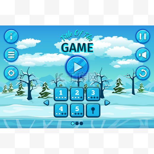 Cartoon winter or arctic landscape with ice, snow cloudy sky. Game user interface control elements, buttons, status bar and icons图片