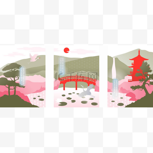 矢量日本背景在最小的抽象风格。日本的富士山是东方风格的.日本春天的亚洲图例- -樱花.图片