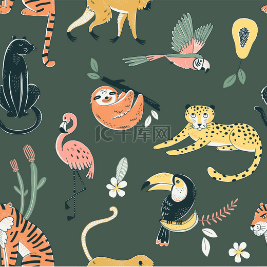 丛林动物颜色矢量无缝模式图片