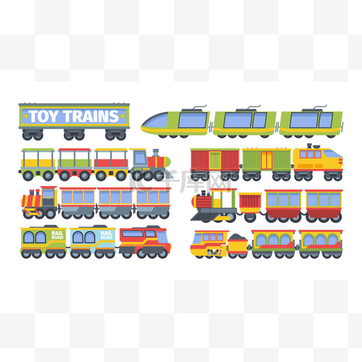 火车玩具套装。时尚的未来主义复古机车游戏与货车颜色现代设计工业车辆娱乐运输的货物集装箱。卡通矢量.图片